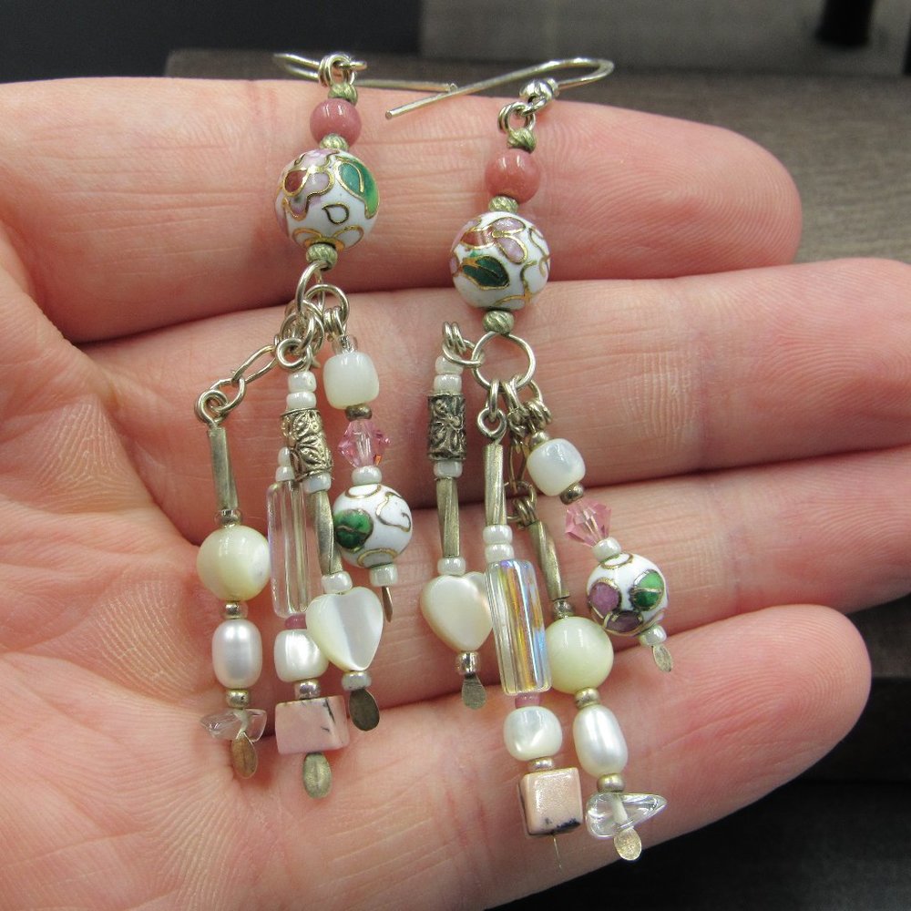 Sterling Silver Floral Long Shell Dangle Earrings